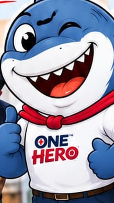 Mr Shark, the friendly ONE HERO mascot, giving a thumbs up